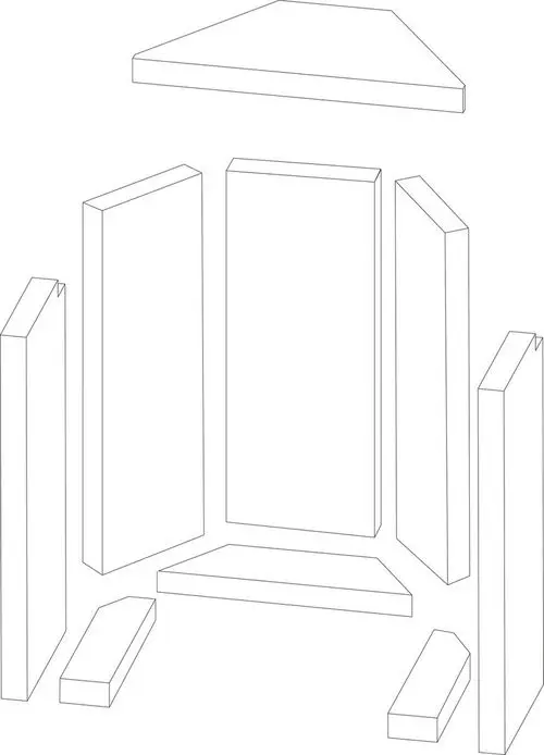 Bosch Schamottegarnitur, bestehend aus mehreren geometrischen Teilen, darunter Platten und Blöcke, angeordnet in einer Übersicht.